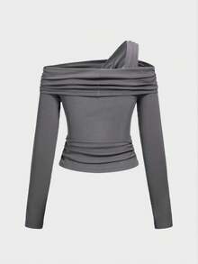 1 件女式性感露肩不对称镂空长袖衬衫上衣，修身时尚短款上衣