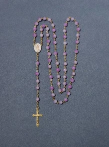 KOMI 1 件手工玻璃珠祈祷珠、水晶玛利亚项链、圣母玛利亚、耶稣吊坠礼物 - 淡紫色 - 查看 2