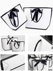 6pcs Bowknot Decor Tote Bag, White Large Capacity Paper Handbag, Halloween Thanksgiving New Year Wedding Birthday Gift Package Bag, Simple Solid Color Shopping Bag, Small Business Supplies, Cheapest Items Available, Jewelry Gift Wrapping Boxes For, Summer Wedding,Small Gift Bag, Paper Gift Bag, Gift Bag With Handle, Suitable For Ladies, Bridesmaids, Birthday, Valentine's Day Wedding Party (Black And White)