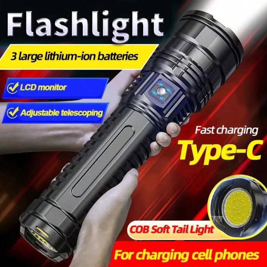 Linterna LED potente de 1000000 LM, recargable, tipo C, de largo alcance, 6000 m, luz táctica para pesca y caza