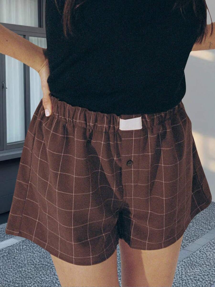 Women Y2K Plaid Shorts Elastic Low Rise Cute Gingham Pajama Boxer Shorts Summer Lounge Pj Sleep Short Bottom Sleepwear - Rỉ Nâu - Xem 1