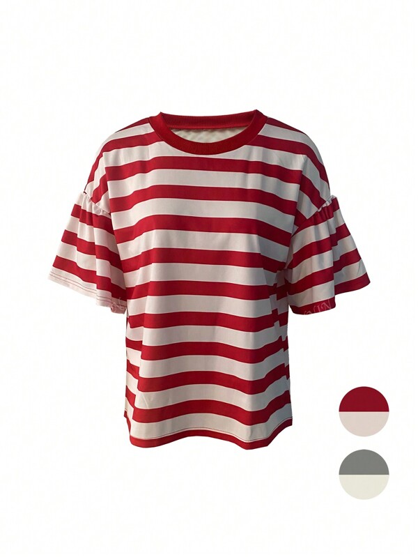 Spring/Summer New Striped Ruffle Sleeve Knit T-Shirt