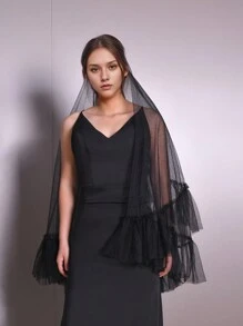 1 Pc Bridal Short Veil With Ruffled Multi-Layer Lace, White, Black Or Nude Tulle Puff For Photo Shoot