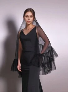 1 Pc Bridal Short Veil With Ruffled Multi-Layer Lace, White, Black Or Nude Tulle Puff For Photo Shoot