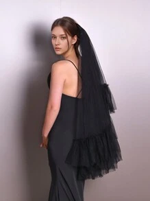 1 Pc Bridal Short Veil With Ruffled Multi-Layer Lace, White, Black Or Nude Tulle Puff For Photo Shoot