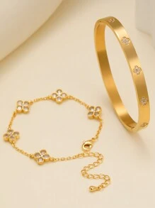 时尚奢华优雅四叶草锆石不锈钢手链和手镯套装，适合女士，适合多种场合搭配和赠送朋友 - 金黃色 - 查看 2