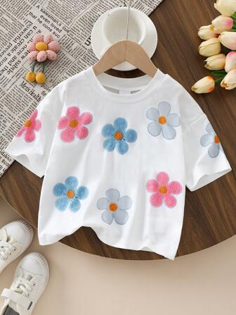 1pc Young Girl 3D Floral Print Short Sleeve T-Shirt, Size 4-7 Years, Summer