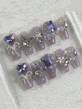 10Pcs High-End Flash Aurora Purple Heart Set With Rhinestones Handmade Fake Nails, The New Pure Handmade Nail Patch Wear Light Luxury White Fake Nails Press On Nails Nail Supplies Nails