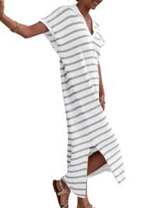 Womens Striped Summer Dresses Short Sleeve V Neck Knit Collared Sexy Slit Loose Maxi Sweater Dress