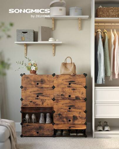 SONGMICS Interlocking Shoe Rack, Rectangular Storage Organiser, 10 Slot Modular DIY Storage Shelf Unit, 40 X 30 X 17 Cm For Each Slot, Plastic Wardrobe With Doors, Rustic Brown