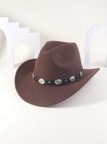 1pc Unisex Round Circle Leather Belt Cowboy Hat, Appropriate For Everyday Use - Silver Ring Tipped Hat - View 15