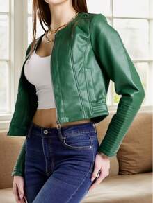 Modna skórzana kurtka damska krótka wiosna i jesień nowość wyszczuplająca okrągły dekolt slim fit stojący kołnierz motocyklowy czarna kurtka ze skóry PU