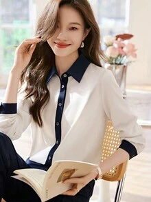 YUXIN 休闲极简拼色衬衫，春秋新款美拉德撞色拼布衬衫 - 杏色 - 查看 8