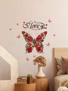 Valentines Day Decorations Vinyl Decal, Valentine Wall Stickers For Room Decoration, 1pc PVC Material Rose Butterfly LOVE Romantic Affection Couple Sticker, Wall Art, Posters, Vintage For Valentine's Day, Wedding - Multicolor - View 7