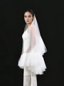 1 Pc Bridal Short Veil With Ruffled Multi-Layer Lace, White, Black Or Nude Tulle Puff For Photo Shoot
