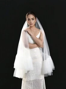 1 Pc Bridal Short Veil With Ruffled Multi-Layer Lace, White, Black Or Nude Tulle Puff For Photo Shoot