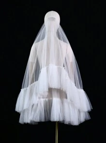 1 Pc Bridal Short Veil With Ruffled Multi-Layer Lace, White, Black Or Nude Tulle Puff For Photo Shoot
