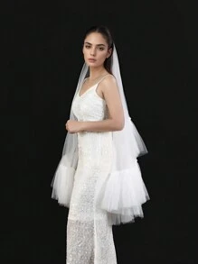 1 Pc Bridal Short Veil With Ruffled Multi-Layer Lace, White, Black Or Nude Tulle Puff For Photo Shoot