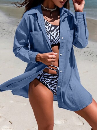 女士纯色简约休闲沙滩罩衫连衣裙，适合夏季度假