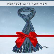 Men's Fine Wool Merino Scarf - Luxurious Striped Super Soft Winter Scarf For Men - Navy, Blue & Grey - View 3