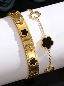 1 pieza Pulsera brazalete con baño de oro de 18K de acero inoxidable en forma de trébol, conjunto de joyas de moda impermeables adecuadas para uso diario, regalo