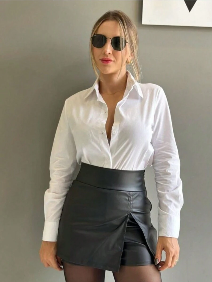 ISADORA MODA Women's Long Sleeve Shirt In Polyester Fabric, One Button On The Cuffs, White And Black, Pmg - White - View 1