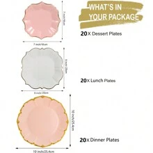 60 Packungen elegante rosa und weiße Pappteller, Einweg-Partyteller für Geburtstag, Babyparty, Hochzeit, Ostern für 20 Gäste (18cm+23cm+25cm)