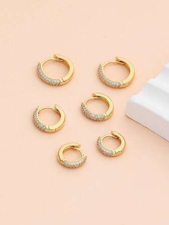 3pairs/set Cubic Zirconia Decor Hoop Earring