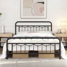 Queen Size Metal Bed Frames With Vintage Headboard And Footboard, Farmhouse Metal Platform Bed, Heavy Duty Steel Slat Support, Ample Under-Bed Storage, No Box Spring Needed, Black - 黑色 - 查看 1