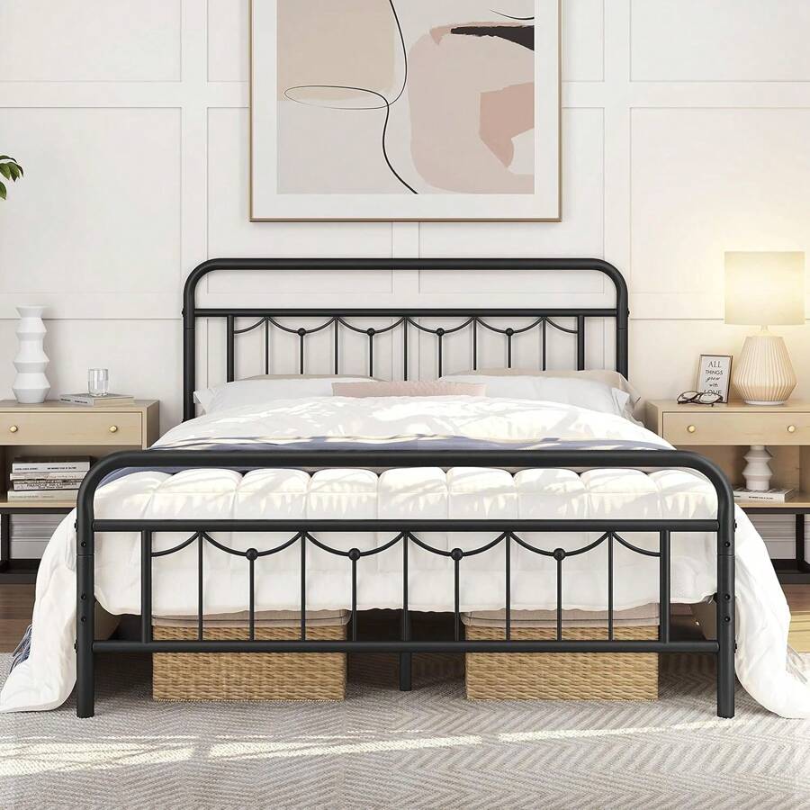 Queen Size Metal Bed Frames With Vintage Headboard And Footboard, Farmhouse Metal Platform Bed, Heavy Duty Steel Slat Support, Ample Under-Bed Storage, No Box Spring Needed, Black - 黑色 - 查看 1