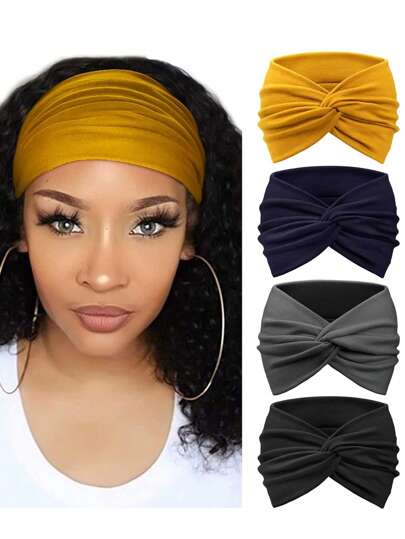 4 pezzi Fasce per capelli da donna stile bohémien, colore unito, vintage, annodate, fascia per lo sport, assorbente, accessori per capelli alla moda, turbante, fascia per capelli, fascia per capelli autunno inverno per outfit da vacanza, elegante sciarpa da donna