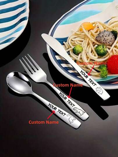 Zestaw sztućców ze stali nierdzewnej z personalizowanymi tabliczkami z imieniem dla dzieci, 2/3 szt., spersonalizowany zestaw zastawy stołowej, spersonalizowana łyżka z imieniem dla dzieci, widelec, nóż, łyżeczka do herbaty, łyżka do zupy, naczynia dla maluchów, spersonalizowany zestaw sztućców z misiem, upominek na przyjęcie, prezent ślubny, prezent urodzinowy, prezent na powrót do szkoły, miłość na zawsze
