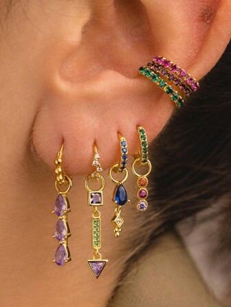 Shescity 1set 7pcs Fashionable Multicolor Zirconia Earrings & Pendant Set, Suitable For Women's Daily Casual Wear