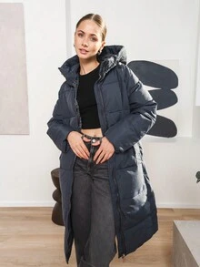 Women's Winter Solid Color Hooded Long Down Jacket, High-Quality Fashion Minimalist Elegant Design, Suitable For Daily Wear, Work, School, New Year Eve, Holiday Outerwear