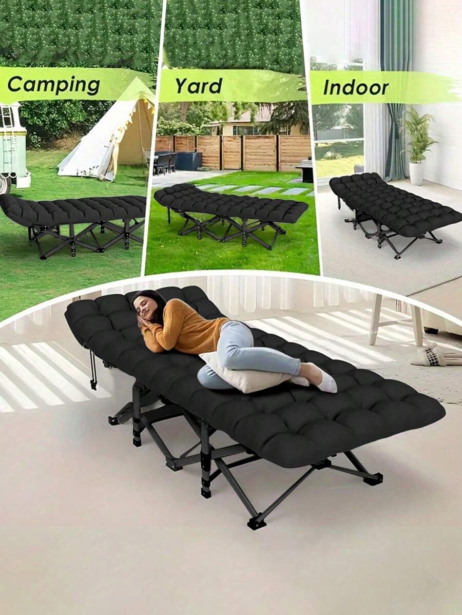 1pc Portable Folding Bed - Heavy Duty Dual Sided Mattress, Camping Bed, Easy To Assemble, Includes Carry Bag, Gray, Space Saving, Comfortable Sleeping Solution For Indoor/ Outdoor Use,Valentine's Day Gift - 新黑色 - 查看 1