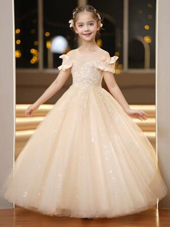Young Girl 1pc Elegant Open Shoulder Sequin Detailed Long Tulle Princess Dress, Suitable For Piano Recital And Formal Events