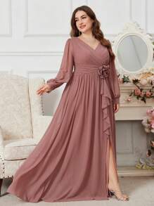 SUPGIR Plus Size Sweetheart Neck Lantern Sleeve Fold Pleated Waist & Hem Dress, Elegant Evening Gown, Party Dress, Wedding Guest Dress, Formal Dress