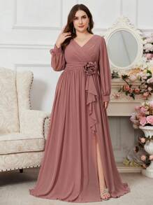 SUPGIR Plus Size Sweetheart Neck Lantern Sleeve Fold Pleated Waist & Hem Dress, Elegant Evening Gown, Party Dress, Wedding Guest Dress, Formal Dress