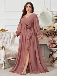 SUPGIR Plus Size Sweetheart Neck Lantern Sleeve Fold Pleated Waist & Hem Dress, Elegant Evening Gown, Party Dress, Wedding Guest Dress, Formal Dress