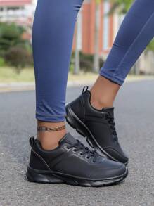 Nowe damskie skórzane lekkie buty do biegania, damskie niskie buty codzienne, damskie buty sportowe, damskie czarne buty, damskie całkowicie czarne buty robocze, damskie czarne buty sznurowane z okrągłym noskiem, damskie buty do chodzenia, damskie buty, damskie buty codzienne z miękką podeszwą, damskie całkowicie czarne buty sportowe - Czarne - Zobacz 2
