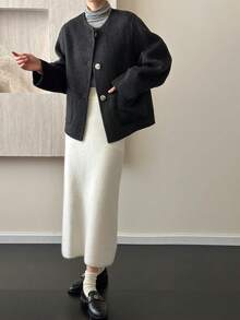 Warm For Spring, Women's Elegant Korean Style Small Fragrance Coat – Loose Fit, Single-Breasted, Round Neck, Double-Faced Wool. - Black - View 3