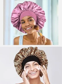 3件装女士缎面豹纹时尚高弹宽檐圆帽，别致睡帽，护发头巾，日常居家睡眠帽 - 水母型 - 查看 6