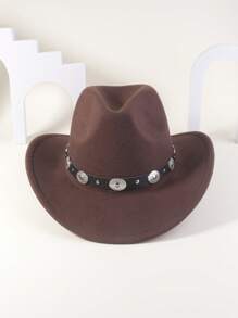 1pc Unisex Round Circle Leather Belt Cowboy Hat, Appropriate For Everyday Use - Silver Ring Tipped Hat - View 9