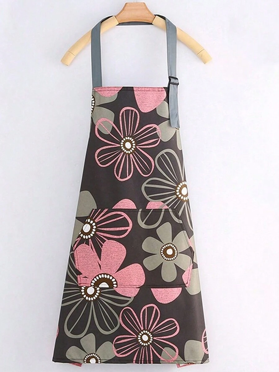 Delantal impermeable y a prueba de aceite con estampado de flores en color gris oscuro, 1 pieza con diseño colgante, cuello ajustable, sin mangas, resistente al desgaste, para usar en la cocina, el comedor, la jardinería y la repostería