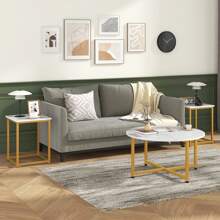 Homasis Round Nesting Table Set Of 3 Modern / Farmhouse Coffee Table W/2 End Tables - White and Gold - View 2