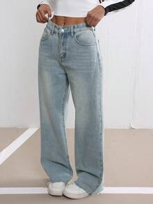 Quần Jeans Nữ Mùa Thu Có Nơ Thêu Thiết Kế Sense Wash Xanh Thường Ngày Ống Thẳng Rộng Rách - Rửa nhẹ - Xem 3