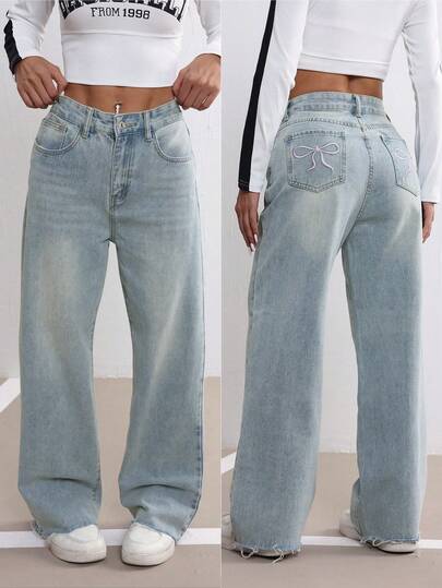 Bow Embroidered Jeans Women's Fall Design Sense Wash Blue Casual Straight Leg Loose Rough Edge Trousers