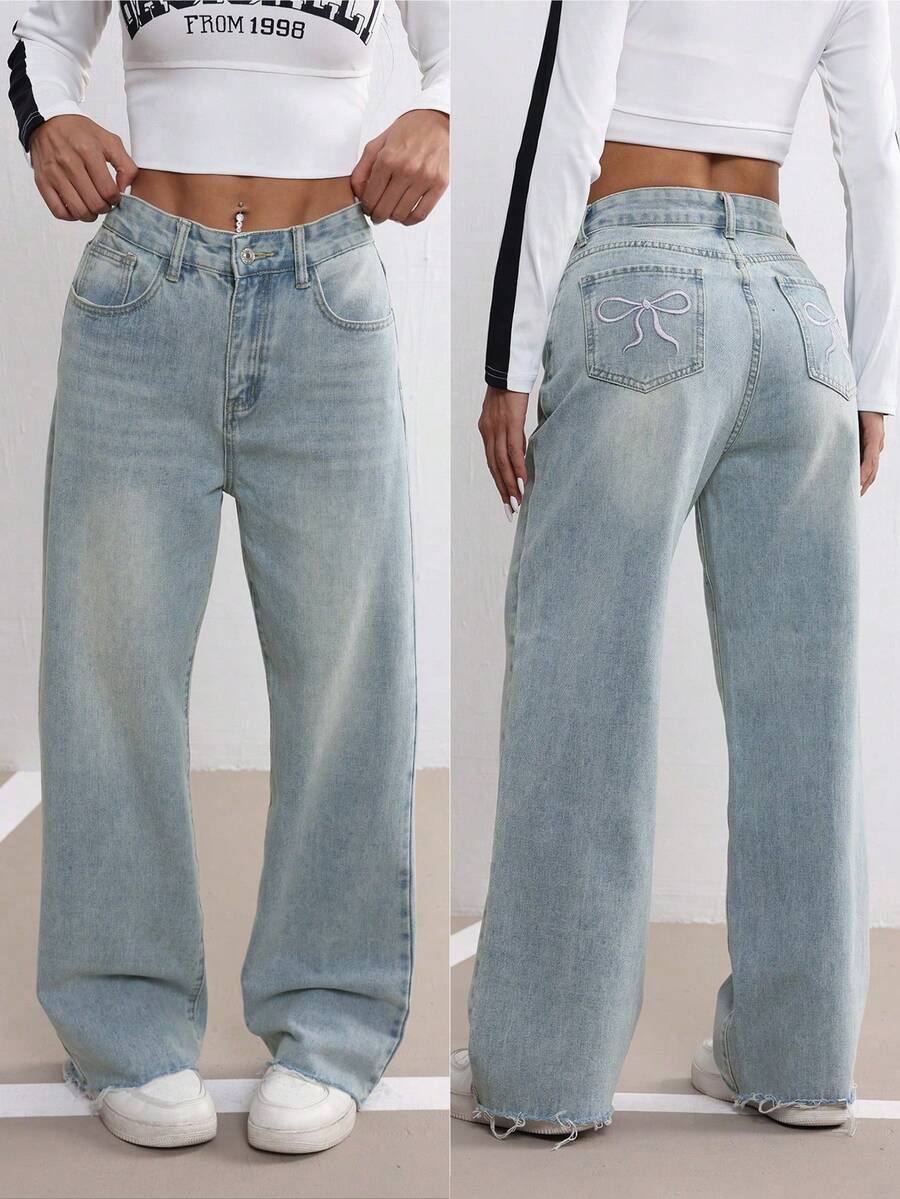 Quần Jeans Nữ Mùa Thu Có Nơ Thêu Thiết Kế Sense Wash Xanh Thường Ngày Ống Thẳng Rộng Rách - Rửa nhẹ - Xem 1