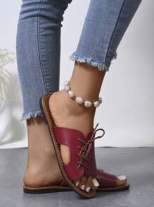 Sandalias planas de estilo casual y moda para mujer, con decoración de cordones, slip-on de dos tonos, cómodas para el uso diario o la playa, de uso versátil - Rojo - Ver 6