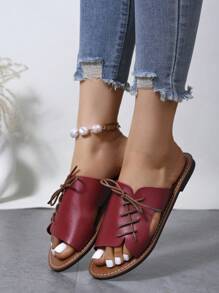 Sandalias planas de estilo casual y moda para mujer, con decoración de cordones, slip-on de dos tonos, cómodas para el uso diario o la playa, de uso versátil - Rojo - Ver 5